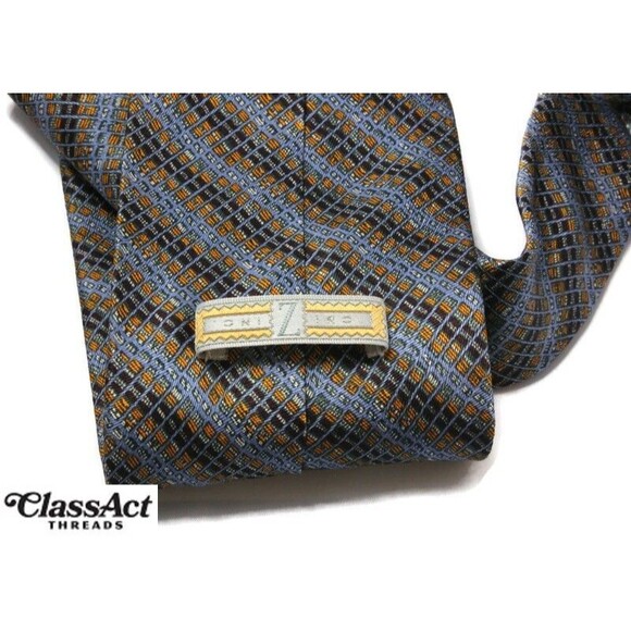 ZINC 100% Silk HAND MADE Necktie Tie Blue Brown Geo Metric 3.75" Wide - Picture 2 of 3